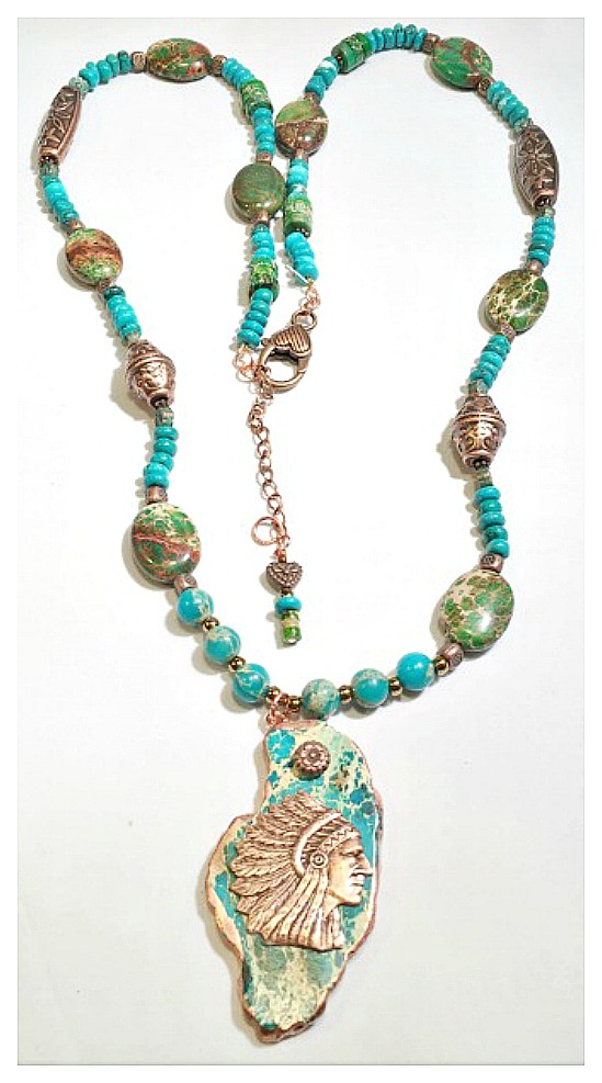 Copper Indian Chief & Heart on Large Jasper Pendant on Gemstone Beaded
