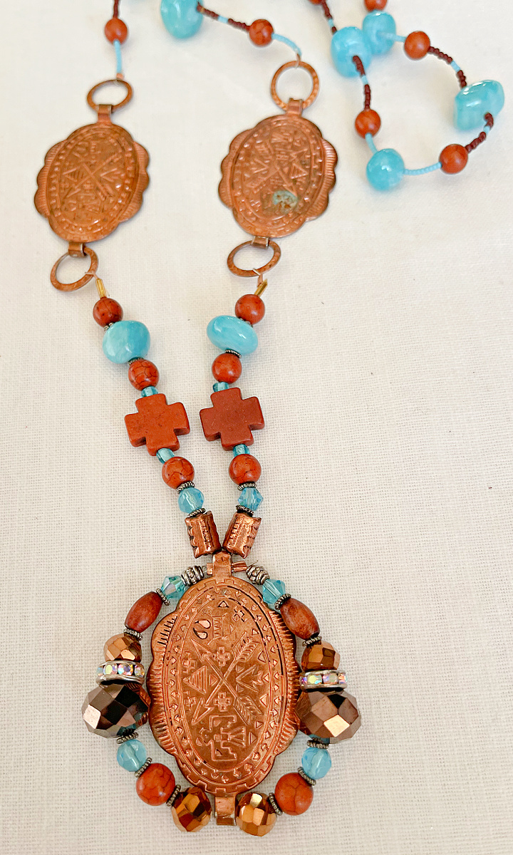 BOHEMIAN COWGIRL NECKLACE Vintage Arrow Copper Concho Brown Turquoise Gemstones Rhinestone Aqua Beaded LONG Boho Necklace