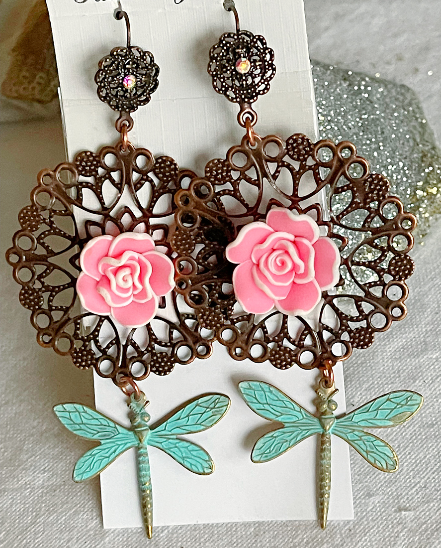 VINTAGE COWGIRL EARRINGS Handmade Patina Dragonfly & Pink Flower on Copper Filigree Crystal Earrings