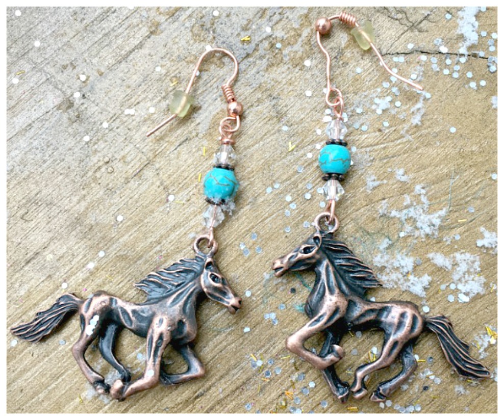 VINTAGE COWGIRL EARRINGS Large Antique Copper Horse on Turquoise Crystal Western Earrings