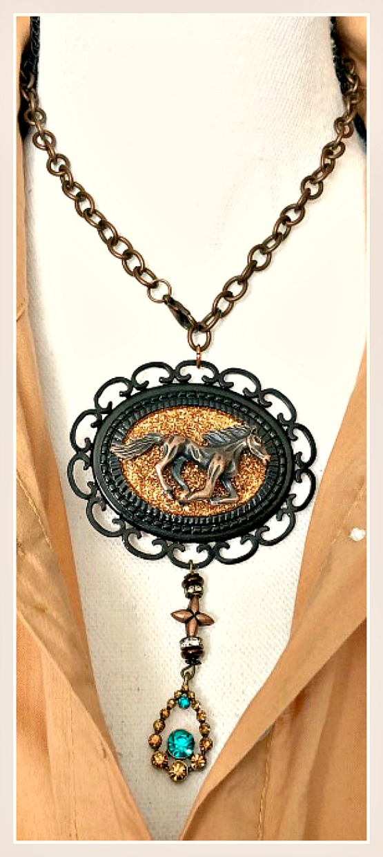 VINTAGE COWGIRL NECKLACE Antique Copper Horse Black Cameo Amber Turquoise Rhinestone N' Cross Charm Choker Necklace
