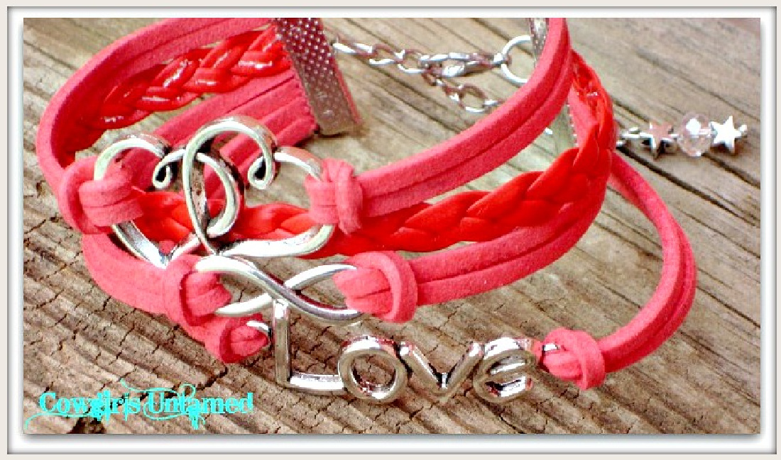 COWGIRL ATTITUDE BRACELET Silver "LOVE" Infinity & DOUBLE HEART Multi Strand Leather Bracelet
