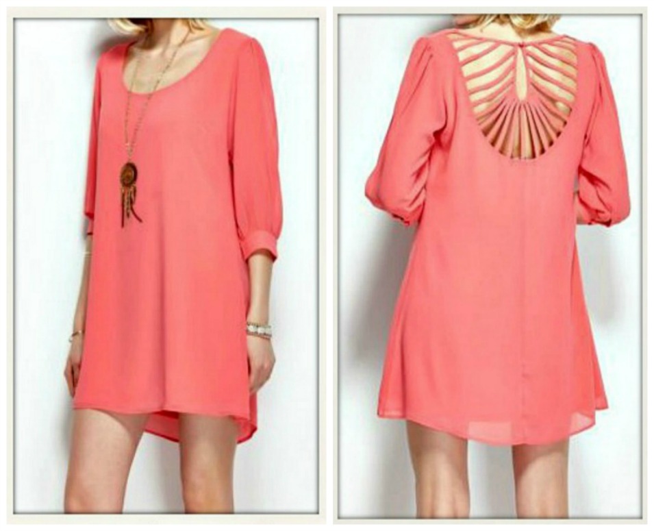 THE SLOAN DRESS Three Quarter Sleeve Lined Strappy Back Coral Chiffon Dress