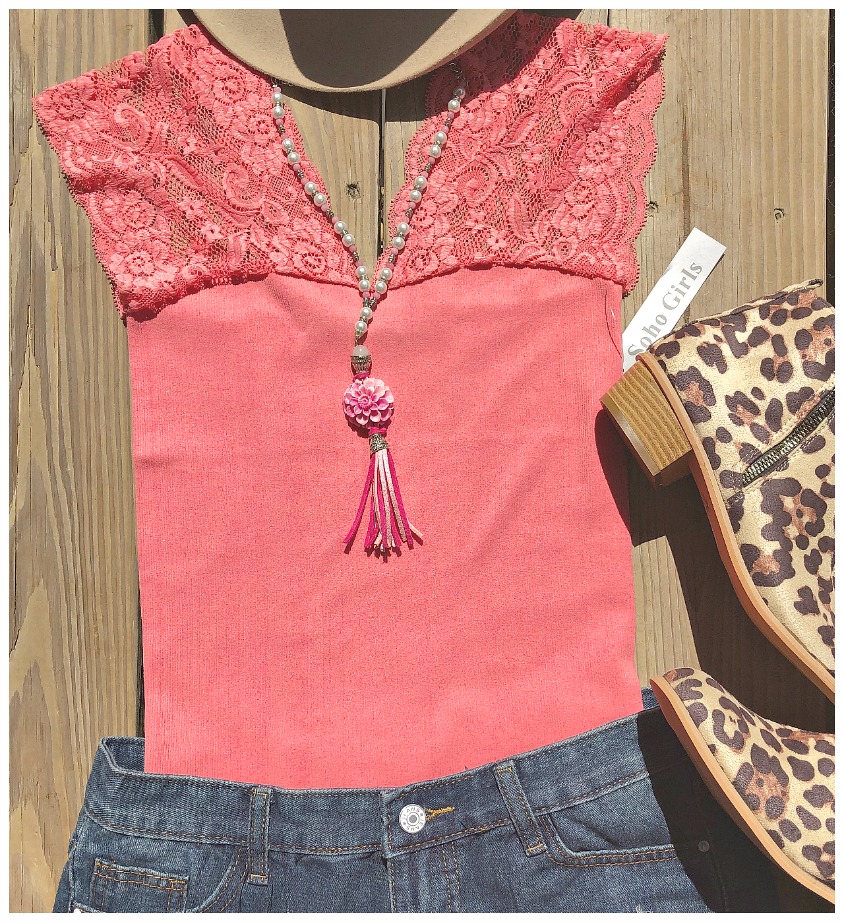 PRETTY in LACE TOP Coral Lace Shoulder Boho Top