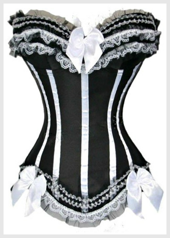 CORSET - Wild West Black Satin and White Lace with Lace Up Back Corset LAST 2 XL and 3X