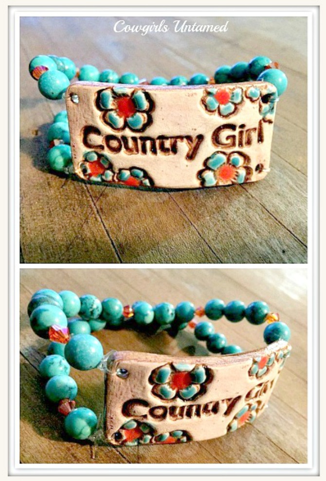 COUNTRY COWGIRL CUFF "Country Girl" Orange Crystal & Turquoise Double Stranded Western Bracelet