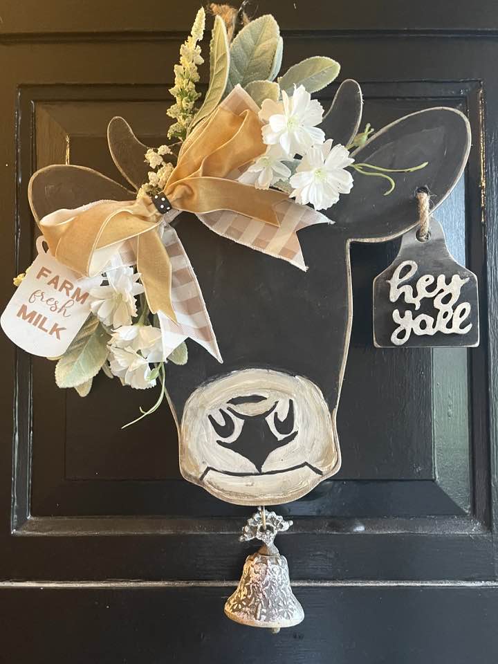 WESTERN DOOR HANGERS Painted Wood Cow Head & Ear Tag with "hey y'all" Double Bow Floral & Milk Jug w/ "Farm Fresh Milk" Vintage Cowbell Hanging Home Door Decoration