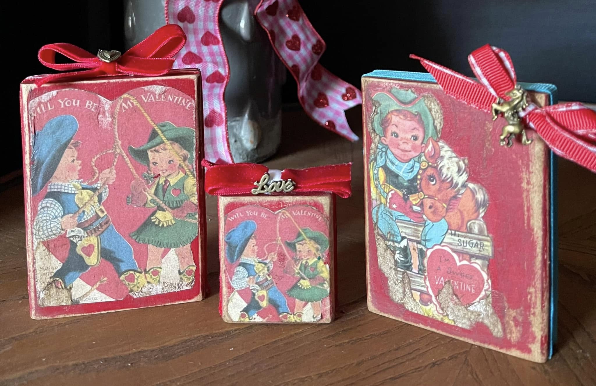 VINTAGE VALENTINES Handmade Retro Cowboy Cowgirl Horse Valentine on Rustic Distressed Red Wood Block with Bow & Bronze Charm Shelf Sitter Tiered Tray Decor