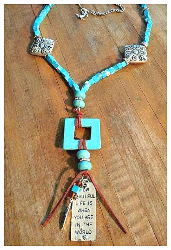 WESTERN COWGIRL NECKLACE "How Beautiful Life Is When You're In The World" Leather Tassel Turquoise Beaded Necklace
