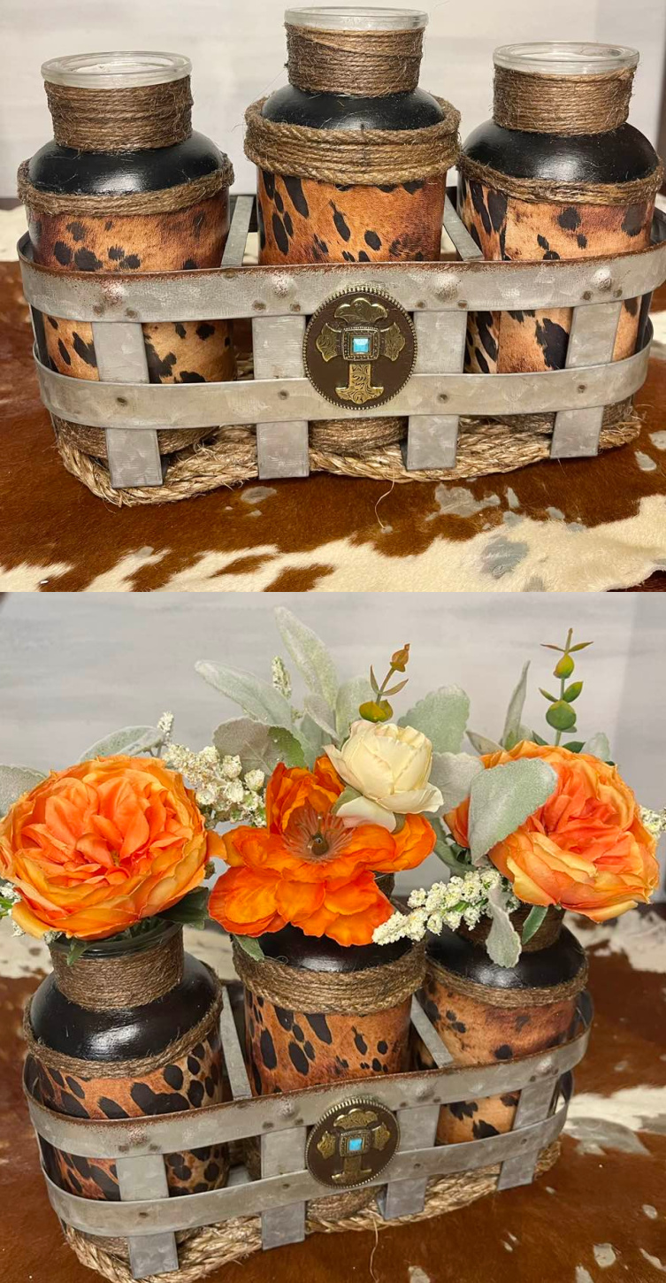 WESTERN HOME DECOR Cow Print Decoupaged Painted Glass Jars with Jute Rope in Vintage Style Metal Basket with Recycled Turquoise Brass Cross Concho & Rope