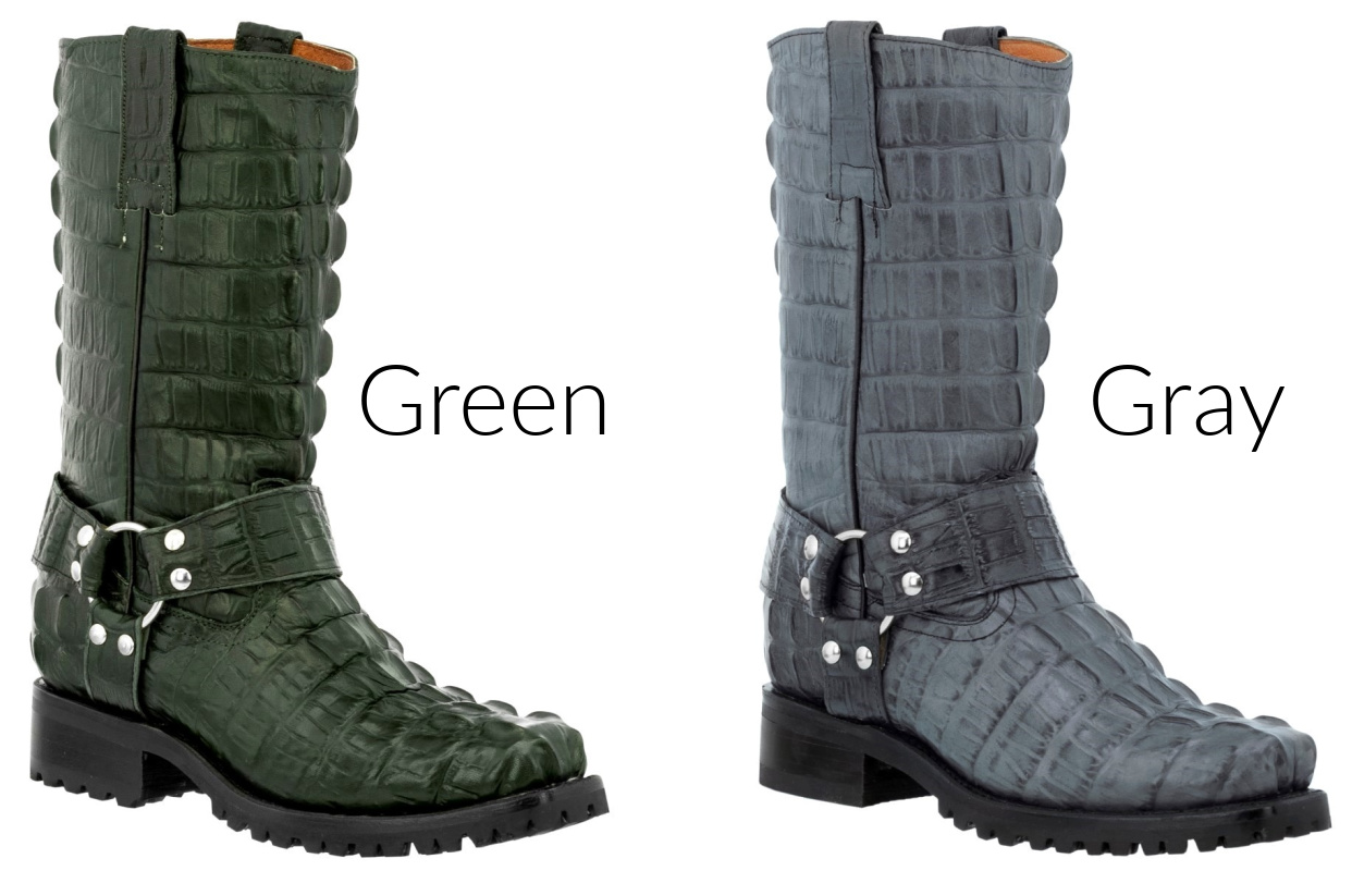 COWBOY BIKER BOOTS Mens Green or Gray Crocodile Alligator Belly Leather Biker Motorcycle Western Boots with Harness