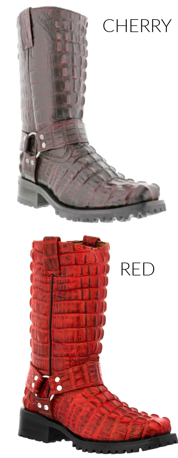 COWBOY BIKER BOOTS Mens Red or Cherry Crocodile Leather Western Biker Boot with Harness Sizes 6.5 - 14