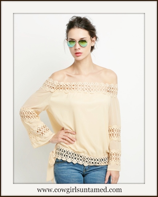 WILDFLOWER TOP Apricot Lace Crochet Loose Fit Long Sleeve Side Tie Boho Top, top,shirt, blouse