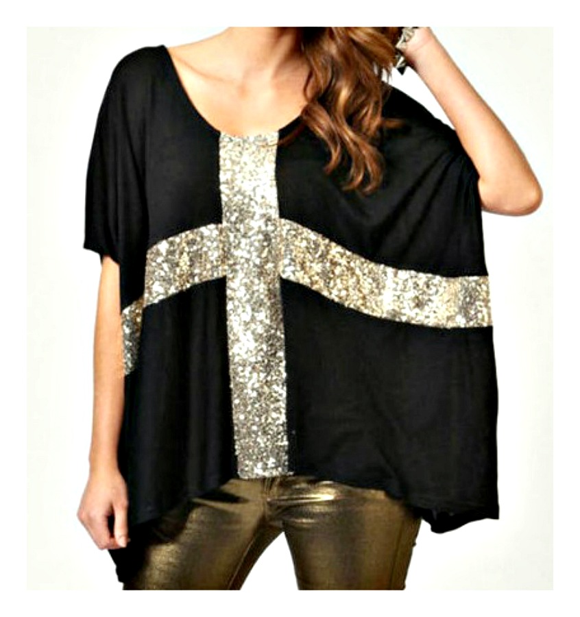 Golden Sparkle Cross Black Batwing Oversized Top, black, gold, top ...