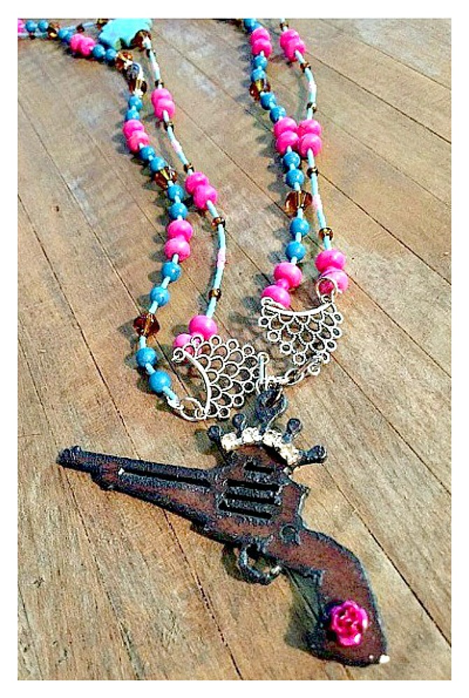 COWGIRL OUTLAW NECKLACE Custom Crown N Pistol Pendant on Hot Pink N Turquoise Beaded Western Necklace