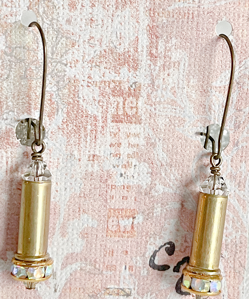 OUTLAW COWGIRL EARRINGS Handmade Brass Bullet Casing Crystal Rhinestone Dangle Earrings