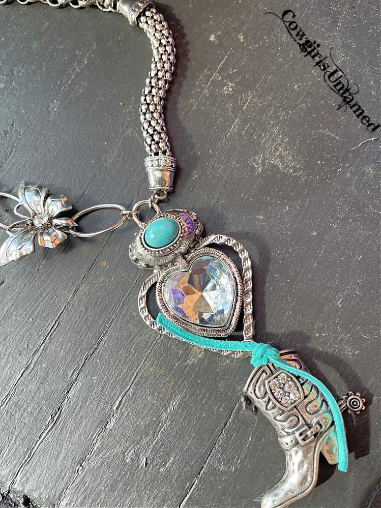 GIVIN' HIM THE BOOT NECKLACE Custom Large Crystal Turquoise Silver Heart & Boot Pendant Butterfly Charm Necklace