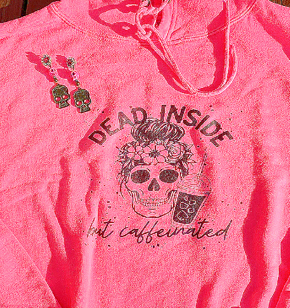 CAFFEINE JUNKIE SWEATSHIRT Neon Pink & Black Skull "Dead Inside But Caffeinated" Pocket Cozy Womens Oversized Hoodie S-XL