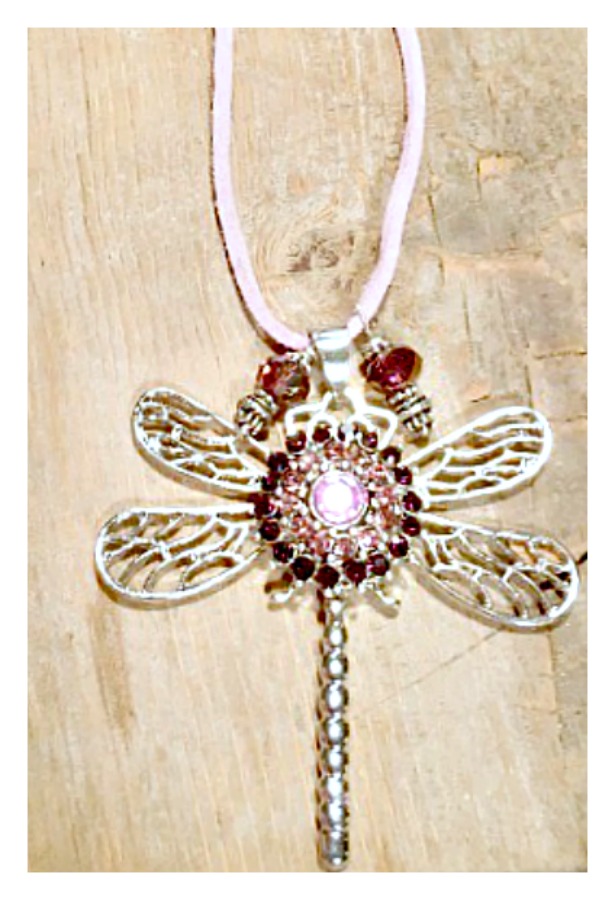 COWGIRL ATTITUDE NECKLACE Silver Filigree Winged Dragonfly w/ Purple Rhinestone Snap Charm Necklace