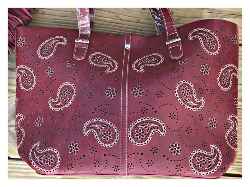 COWGIRL STYLE HANDBAG White Embroidered Floral Paisley Deep Red Western Tote