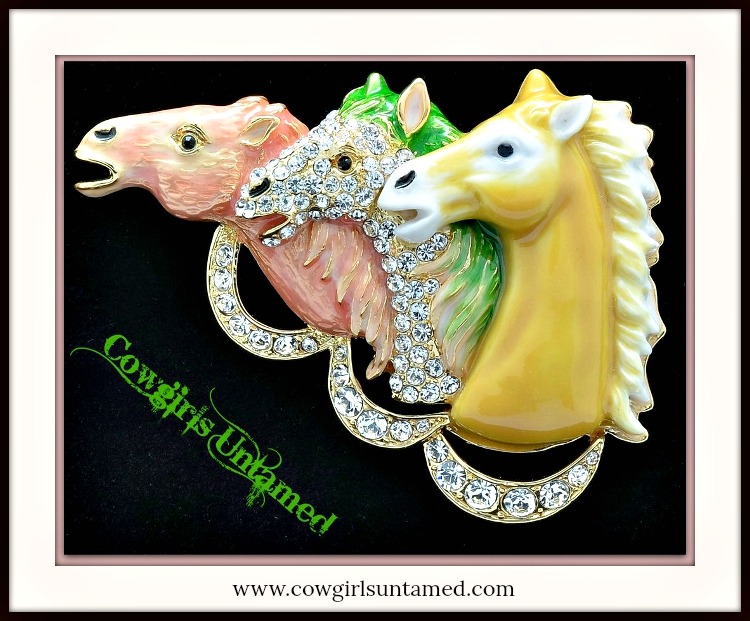 HORSE LOVIN' COWGIRL BROOCH PIN "DERBY DAY" Pink N Yellow Pastel Enamel Horse Heads with Swarovski Crystals Brooch Pin