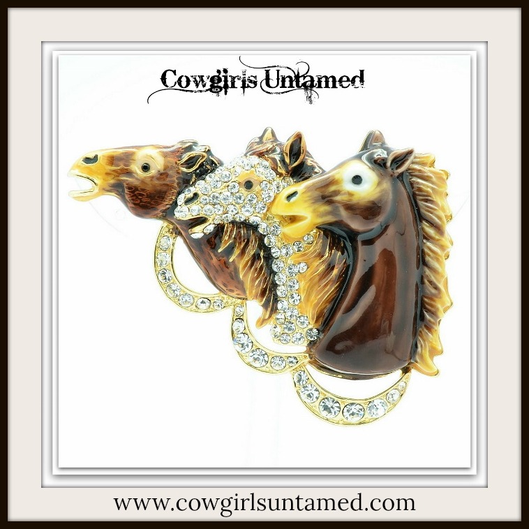 HORSE LOVIN' COWGIRL BROOCH PIN "DERBY DAY" Shades of Brown & Swarovski Crystal Horse Heads Pin