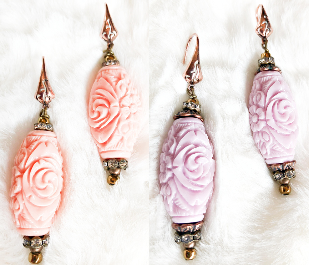 BOHEMIAN COWGIRL EARRINGS Floral Hand Carved Pastel Shell Rhinestone Copper Earrings