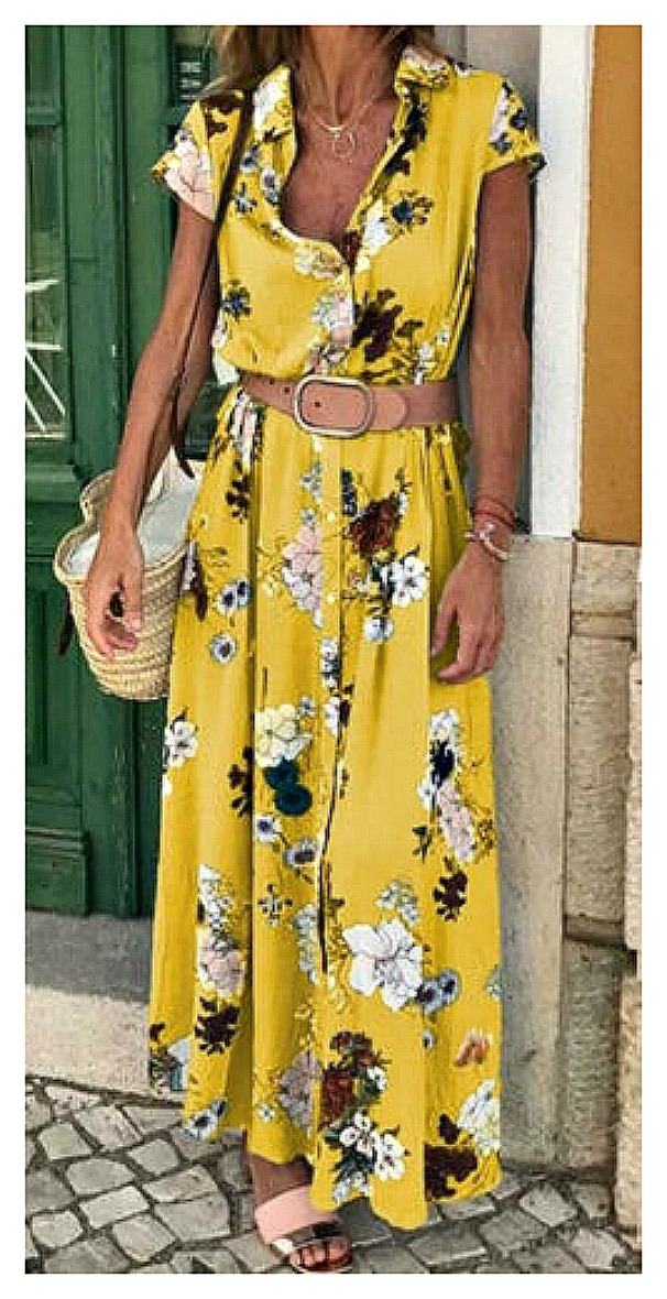 THE AMANDA DRESS Large Floral Pattern Button Front Belted A-Line Cap Sleeve Midi Dress LAST ONE 2X YELLOW