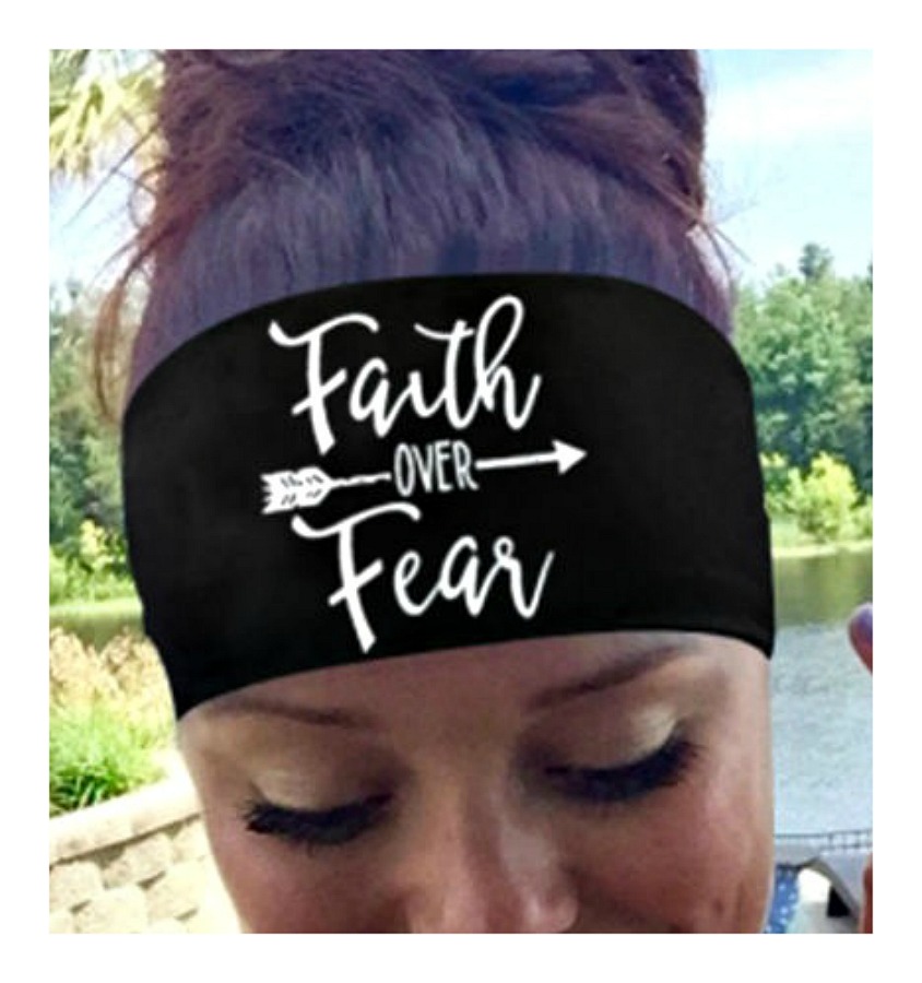 FAITH HEADBAND White "Faith Over Fear" Arrow on Black Stretchy Headband