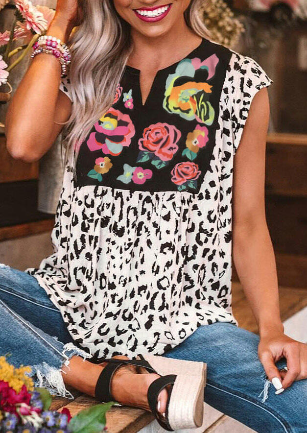 THE MARNIE TOP Multi Color Floral Print Whit Black Leopard Ruffle Cap Sleeve Loose Fit Blouse ONLY L & 2X LEFT