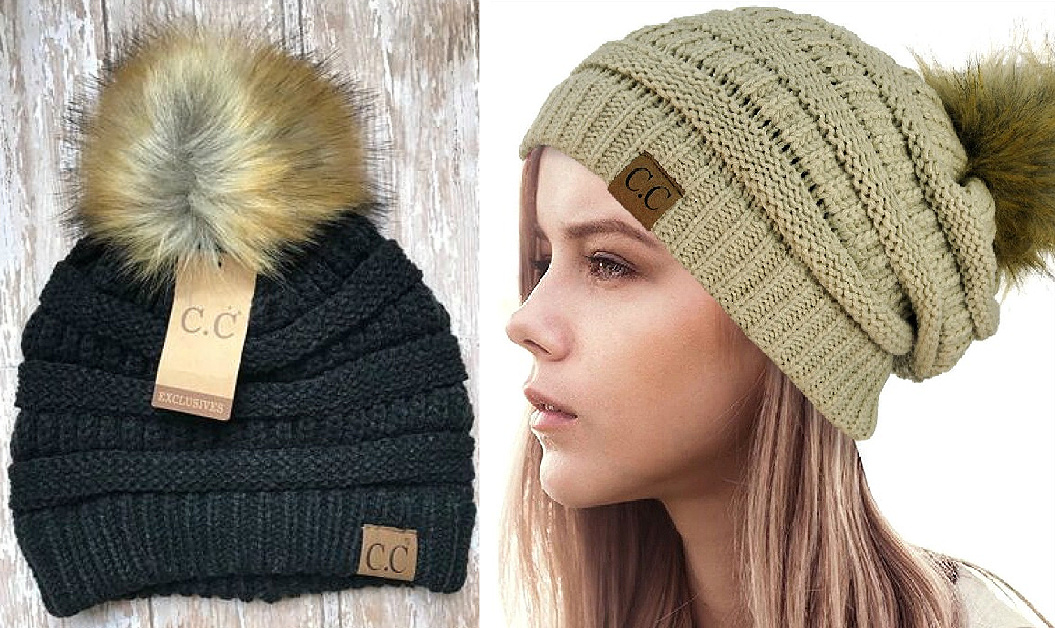 CC BEANIE CAPS Knit Beanie Hat with Faux Fur Pom Pom LAST ONE - BLACK