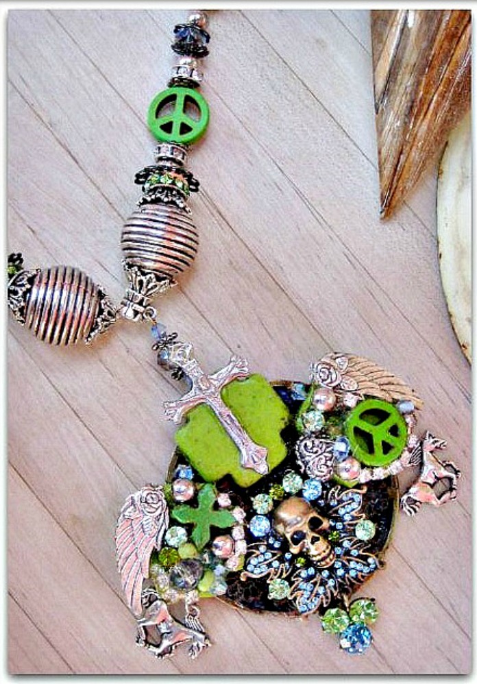COWGIRLS ROCK NECKLACE Green Blue Rhinestone Vintage Bronze Skull Collage & Charm Chunky Necklace
