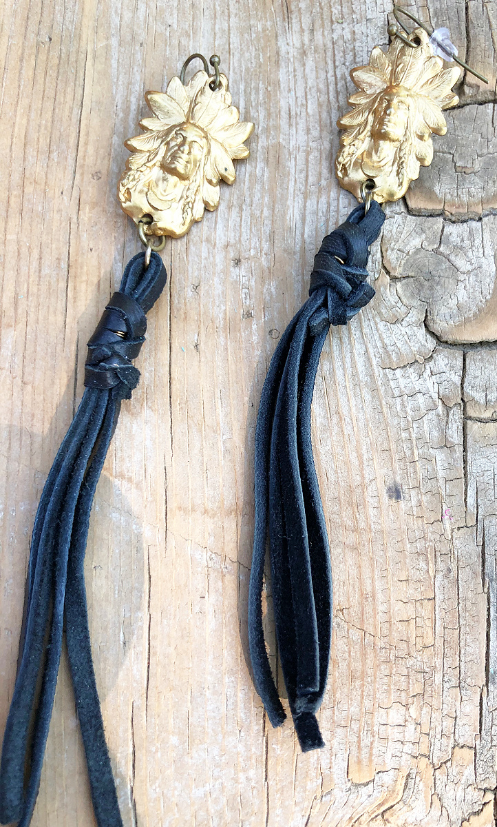 COWGIRL GYPSY EARRINGS Gold Indian Chief with Long Black Leather Tassels Western Earrings