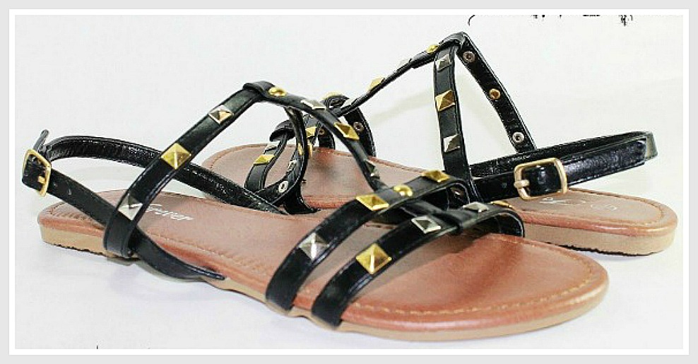 BOHO CHIC SHOES Gold N Silver Studded Black Leather Gladiator Sandals
