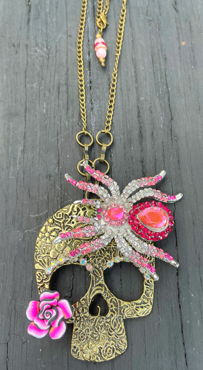 REBEL SOUL NECKLACE Handmade Pink Rhinestone Spider Antique Bronze Floral Skull Pendant Necklace