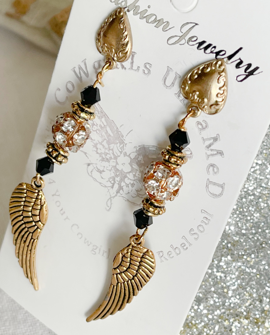 FAITH & GRACE EARRINGS Handmade Black Crystal Rhinestone Antique Gold Angel Wing Dangle Earrings