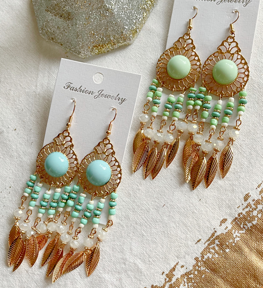 BOHEMIAN COWGIRL EARRINGS Gold Feather Charms Long Statement Boho Chandelier Earrings 2 COLORS