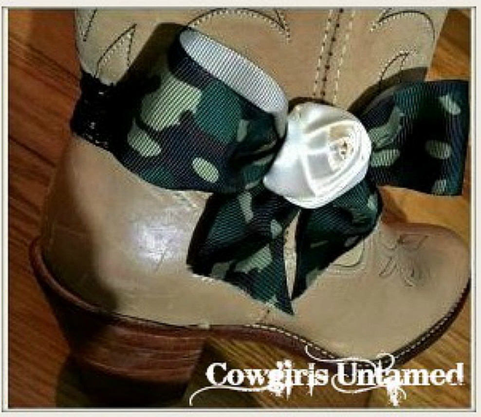 WILDFLOWER BOOT GARTER  Green Camo Bow with Cream Rose on Stretchy Black Lace Boot Jewelry