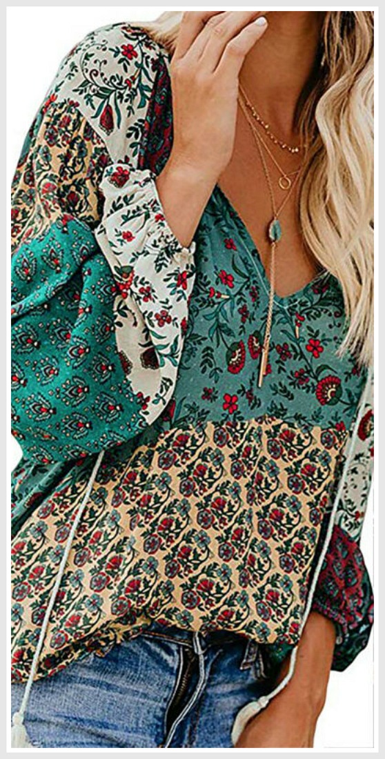 Turquoise Red Green Mixed Floral Pattern Boho Long Sleeve Peasant ...
