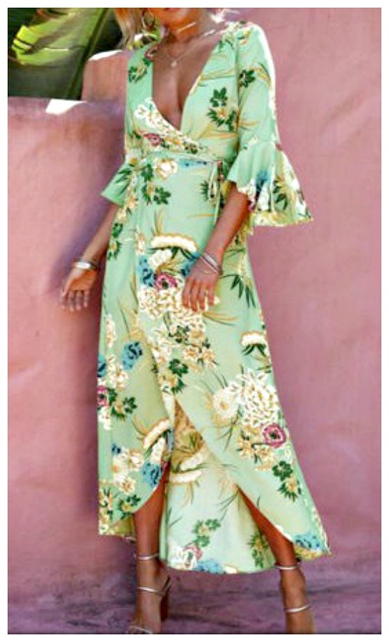 MAGNOLIAS BLOOM DRESS Multi Color Floral Ruffle Sleeve Light Green Wrap Dress LAST ONE XL