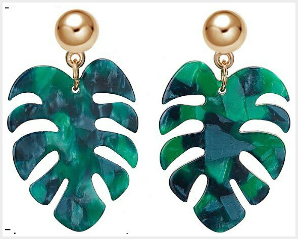 THE TROPICS EARRINGS Green Blue Tropical Leaf Gold Dangle Summer Earrings
