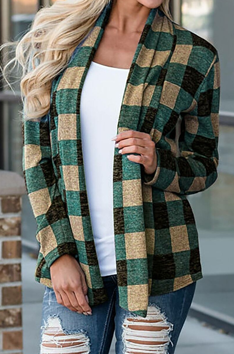 COUNTRY FRESH JACKET Women's Green Checks Plaid Loose Fit Open Jacket S-2XL