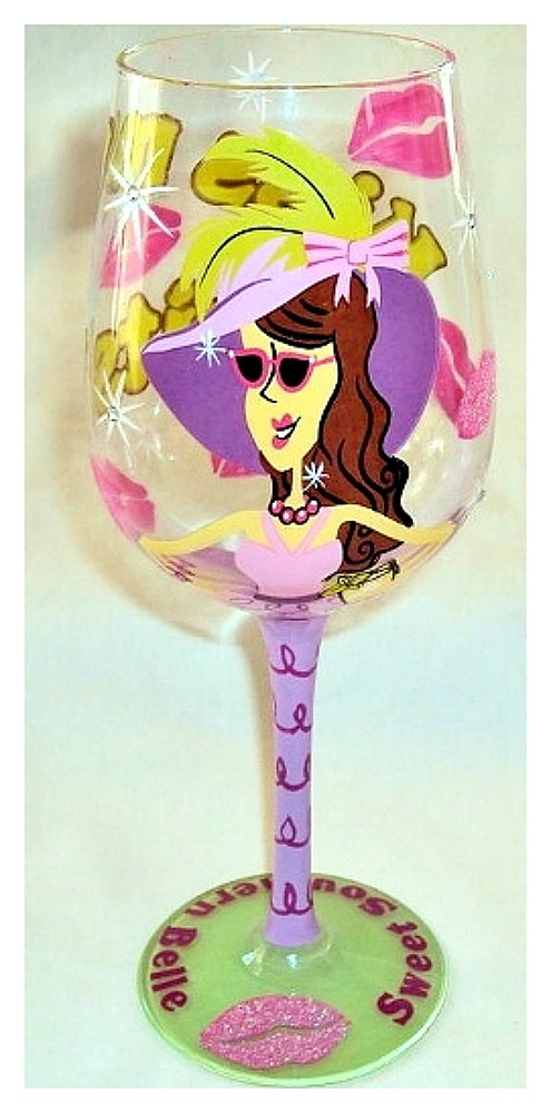 SOUTHERN BELLE WINE GLASS Hand Painted "Kiss My Grits" & Glitter Lips Wine Glass LAST ONE