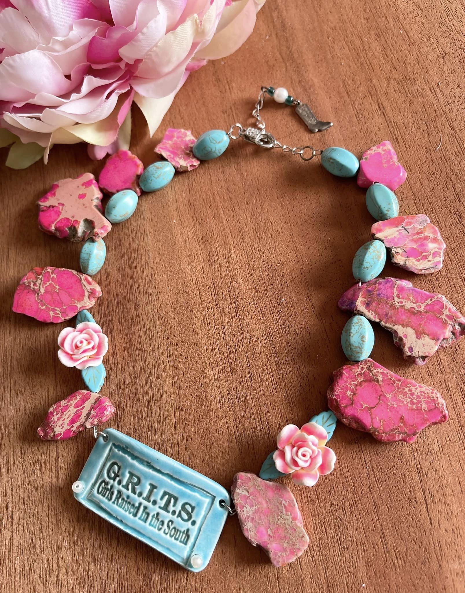 GRITS NECKLACE Handmade Aqua "G.R.I.T.S Girls Raised In The South" Pearl Pendant Chunky Pink Turquoise Western Choker Necklace