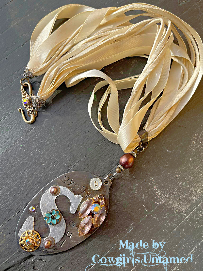 GYPSY SOUL NECKLACE "Gypsy" Soul" Decorated Vintage Spoon Pendant Ribbon Leather Necklace