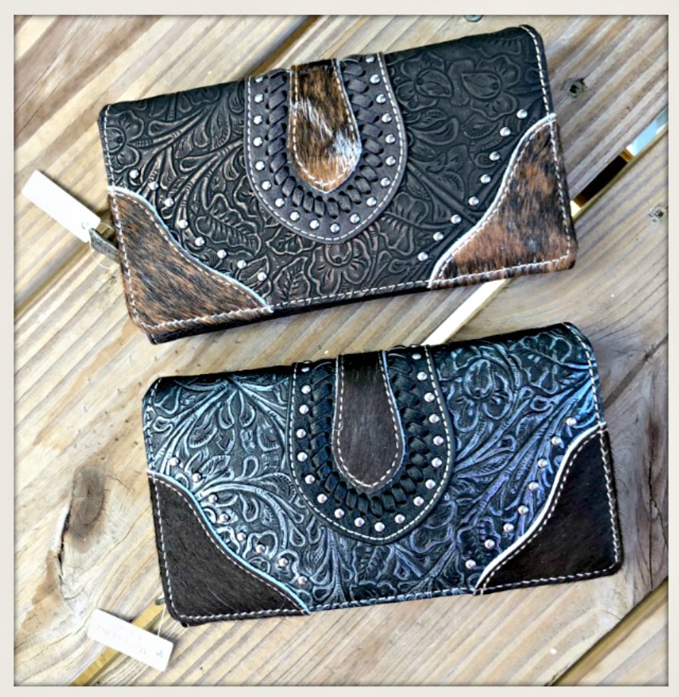 COWGIRL STYLE WALLET Floral Tooled Leather Silver Studded Hair On Hide Wallet