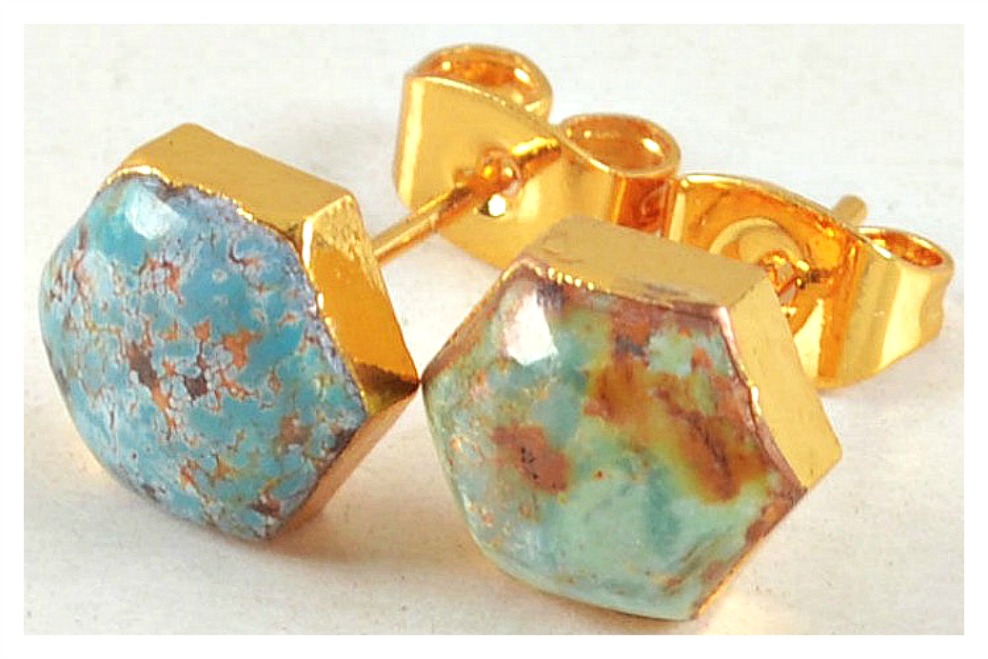 WESTERN COWGIRL EARRINGS Gold Plated Genuine Turquoise Stud Earrings