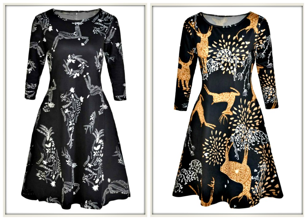 WINTER TIME DRESSES Plus Size Womens Long Sleeve A-Line Deer Print Stretchy Holiday Mini Dress  2 Styles!  PLUS SIZE 2 X or 3X