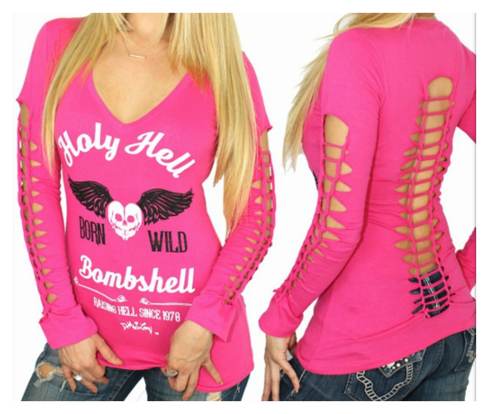 DEMI LOON TOP Hot Pink Slashed Long Sleeve "Holy Hell Bombshell Born Wild" Top
