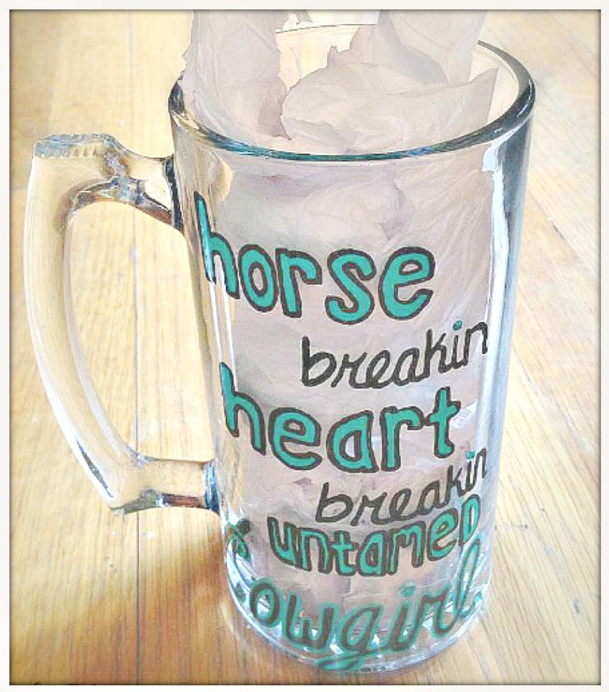SASSY COWGIRL DECOR Painted "Horse Breakin, Heart Breakin, Untamed Cowgirl" Turquoise Glass Mug